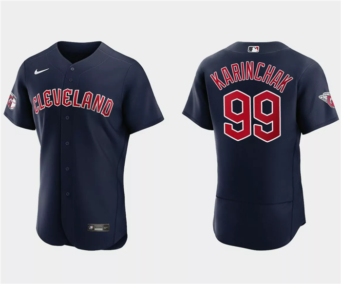 Men's Cleveland Guardians #99 James Karinchak Navy Flex Base Stitched Jersey